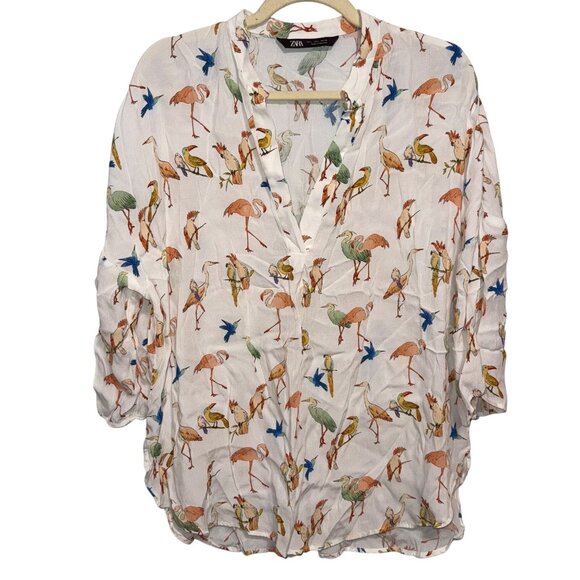 Zara Womens Bird Print Lightweight Blouse - Size L - Flamingo - Picture 1 of 5